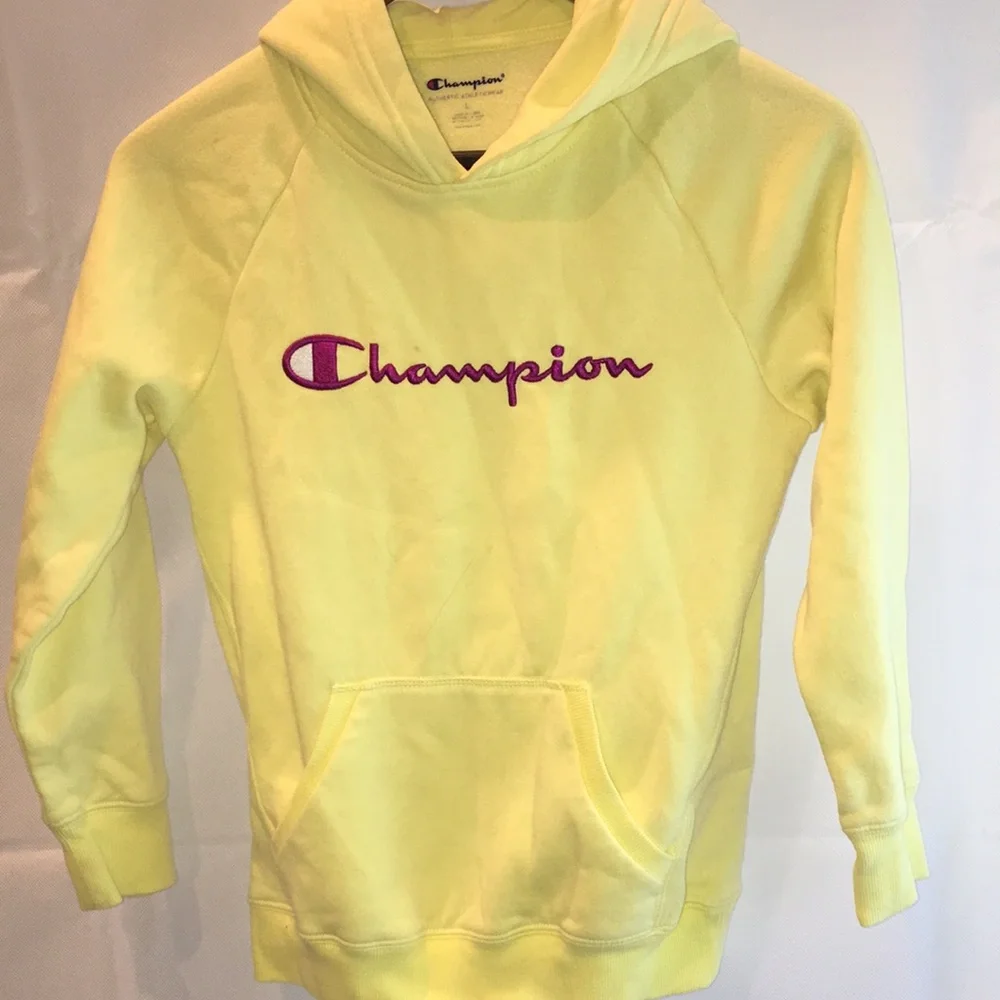 Champion Yellow Hoodie with Purple Logo | Fleece Lined Sweatshirt | Kids Size L